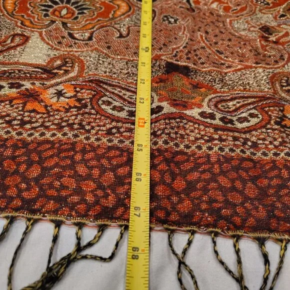 100% Pashmina Shawl 67.5 x 27 Red Orange Gold Shimmer Jacquard Paisley Fringe - Picture 11 of 12